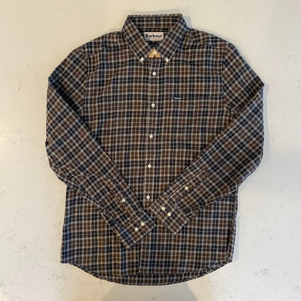 Barbour LS Button Down Tailored Fit Plaid Lightweight Flannel Shirt Brown Blk S